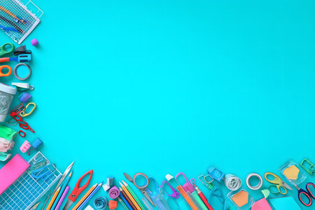 Flat lay composition of colorful school supplies creating a frame on a vibrant turquoise background, perfect for back-to-school promotionsの素材