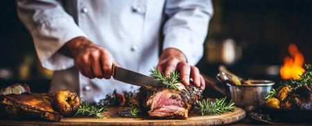 Professional chef slicing delicious roasted lamb with rosemary and spices on wooden cutting board in restaurant kitchenの素材