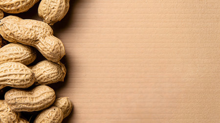 Close-up of peanuts in their shell creating a border on a wooden table, offering ample copy space for text or design elementsの素材