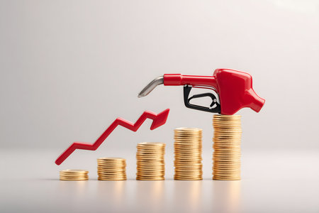 Red fuel nozzle on increasing stacks of coins and rising arrow graph, symbolizing rising fuel prices, inflation and economic challengesの素材