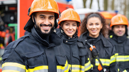 Firefighters standing proudly in front of their firetruck, ready to respond to emergencies and protect the communityの素材
