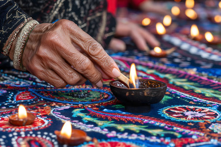 Hands lighting diya oil lamps on a colorful embroidered tablecloth during diwali festival celebrationの素材