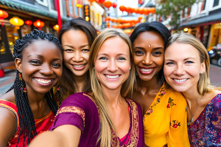 Five cheerful multi-ethnic women wearing traditional Indian clothes are taking a selfie during diwali celebrations in chinatownの素材