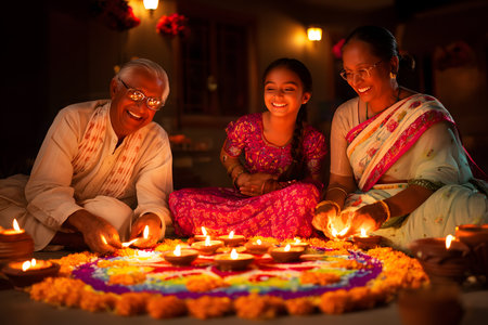 Grandparents and granddaughter lighting diya oil lamps on arangoli during diwali celebrations at homeの素材