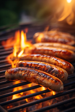 Juicy sausages sizzling over roaring flames on a barbecue, crafting a delectable summer feast perfect for outdoor gatheringsの素材