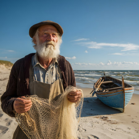 Senior fisherman holding a fishing net on a sandy beach, with a boat anchored nearby, enjoying the peaceful coastal lifestyle under the sunの素材