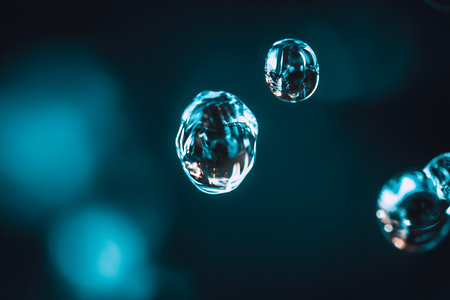 Close-up macro of transparent bubbles floating in dark blue water, creating a mesmerizing abstract compositionの素材