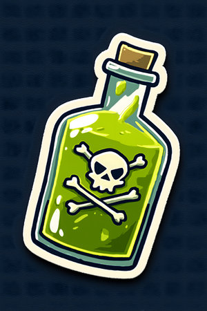 Glass bottle containing a dangerous green liquid with skull and crossbones, symbolizing high toxicity and poisonの素材