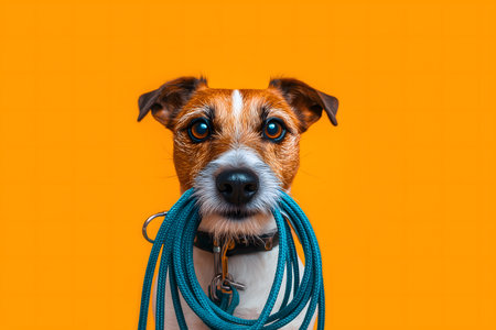 Adorable Jack Russell Terrier holding his leash in mouth, ready for a walk, against a vibrant orange backdropの素材