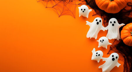 Whimsical white ghosts float on a vibrant orange backdrop, accented by pumpkins and spiderwebs, creating a playful halloween sceneの素材