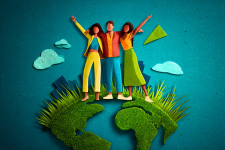 Three happy people standing on a green earth celebrating environmental conservation and sustainabilityの素材