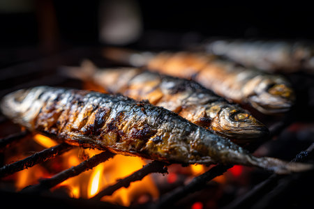 Whole fish grilling over vibrant flames on a barbecue, transforming into a perfectly cooked meal, rich in flavor and aromaの素材