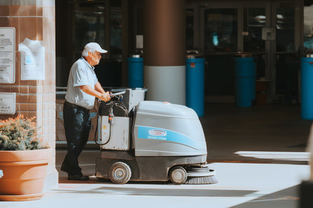 Janitor driving a floor scrubber machine while cleaning and washing the floor in a busy public building or airport environmentの素材
