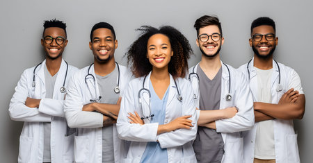 Diverse team of medical professionals standing together with arms crossed, showing confidence and teamwork in healthcareの素材