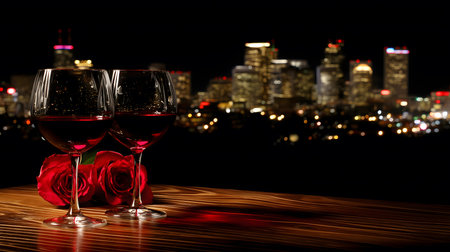 Two glasses of red wine and red roses sit on a wooden table with a city skyline in the background at nightの素材