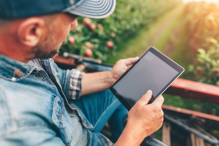 Farmer using a digital tablet in an apple orchard, managing crops and analyzing data for efficient and sustainable agricultureの素材