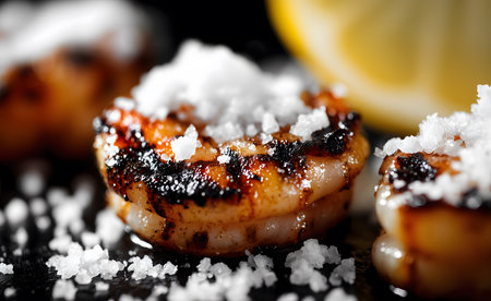 Savoring delicious grilled shrimps, perfectly seasoned with coarse salt, creates an exquisite seafood dish ideal for any gourmet mealの素材