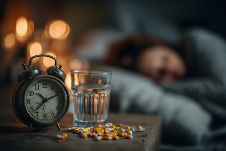 Sleeping woman surrounded by pills, a glass of water, and an alarm clock resting on a nightstand in a cozy bedroom settingの素材