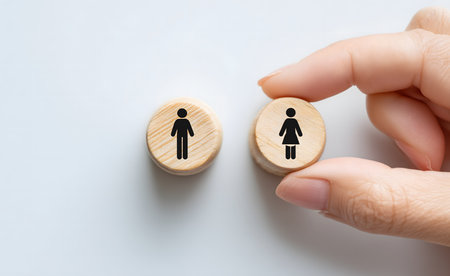 Hand picking wooden circle with female pictogram from a pair, representing gender equality, diversity, and inclusionの素材