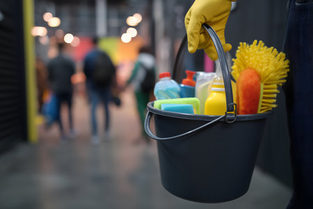 Close-up of a janitor's hand holding a bucket filled with cleaning products, ready for sanitizing a public areaの素材
