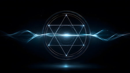 Glowing hexagram with futuristic design emitting bright light waves, symbolizing spirituality, energy, and connection in digital spaceの素材