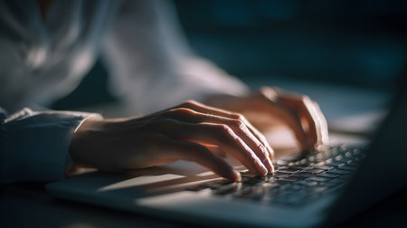 Close-up view of female hands typing on a laptop keyboard in a dimly lit office, working late into the night on important tasksの素材