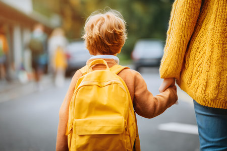 Mother holding hand of her child wearing yellow backpack walking to school on the first day, back viewの素材