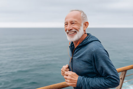 Happy elderly man enjoying his outdoor workout, jogging by the sea while listening to music with earphonesの素材