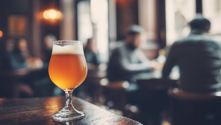 Golden pint of beer rests on a table in a bustling vintage pub, with patrons socializing in the background, enjoying the warm atmosphereの素材
