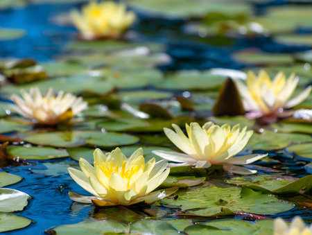 Beautiful yellow water lilies floating on a pond surrounded by green lily pads on a sunny day, creating a serene and peaceful atmosphereの素材
