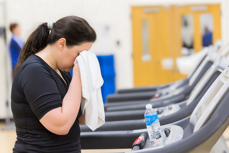 Exhausted woman wiping sweat from her face with a towel after a running session on treadmill in a gymの素材