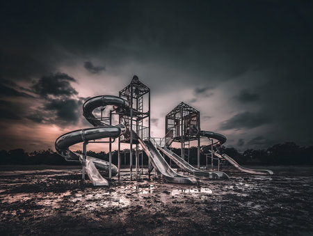 Empty playground standing in mud under a dramatic, cloudy sky at dusk, evoking themes of desolation and abandonmentの素材