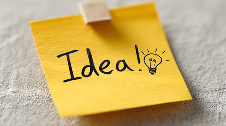 Yellow sticky note is attached to a wall, featuring the word idea! and a simple drawing of a light bulb, symbolizing a bright new conceptの素材