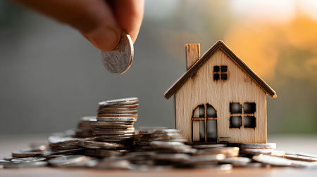 Hand adding a coin to a stack of coins near a small wooden house, representing saving for a down payment or real estate investmentの素材