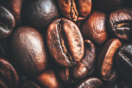 Close-up of roasted coffee beans creating a rich, textured background, ideal for coffee-related projects and designsの素材