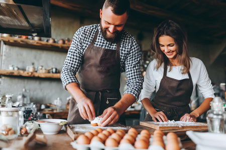 Two smiling bakers are kneading dough in a rustic kitchen, surrounded by fresh eggs and flour, creating culinary delightsの素材