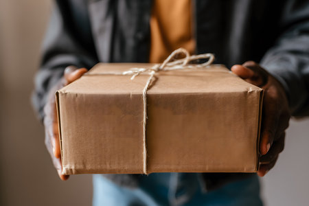 Courier holding a cardboard box tied with string, representing secure delivery and shipping servicesの素材