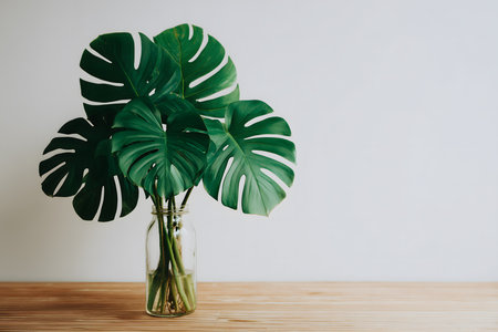 Monstera delicious leaves with stems and roots standing in a glass jar with water, on a wooden table against a white wallの素材