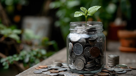 Small plant growing from coins inside a glass jar on a wooden table, representing investment, savings and passive incomeの素材