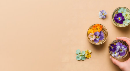 Hand lifting clear glass of water garnished with colorful edible pansy flowers on beige flat lay, bright spring refreshment and garnishの素材