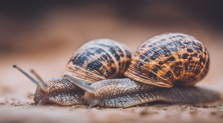 Two snails crawling on the ground, displaying their intricate and beautifully patterned shells, embodying the essence of nature's slow wondersの素材