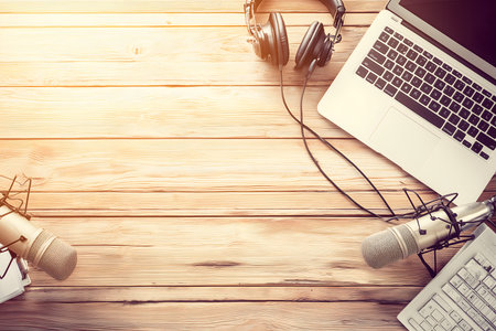 Professional headphones, laptop, microphone, and keyboard arranged on wooden table, suggesting podcast or music creationの素材