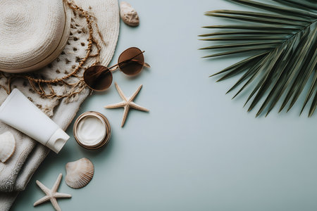 Sunscreen lotion, moisturizing cream, seashells, sunglasses, straw hat, palm tree leaf and beach towel composing a summer essentials flat lay on a light blue background with copy spaceの素材