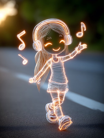 Capturing light trails of a joyful girl roller skating while listening to music through headphones, all against a stunning sunset backdropの素材