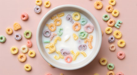 Sweet colorful alphabet cereal arranged in a white bowl with milk on a pink background, overhead flat lay spelling wordsの素材