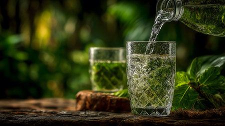Refreshing tropical drink being poured into a crystal glass on a wooden surface outdoors, with a blurred green backgroundの素材