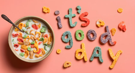 Bowl of vibrant breakfast cereal with milk next to sugar-coated letter shapes spelling a positive message on a pink backgroundの素材