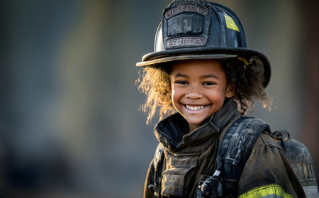Happy young girl in firefighter helmet and uniform, smiling confidently as she imagines a brave future in rescue serviceの素材