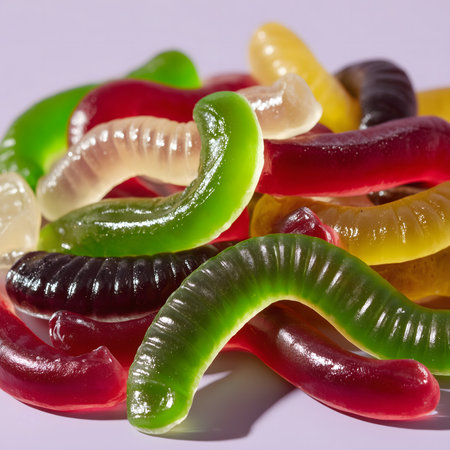 Assorted fruit-flavored gummy worms. Chewy gelatin candy creating a vibrant, fun, and tempting backgroundの素材