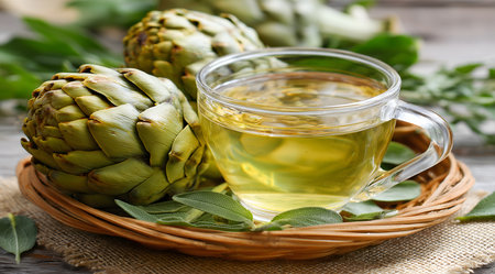 Artichoke tea, known for its health benefits, sits in a glass cup alongside fresh artichokes and sage leaves, creating a soothing and healthy beverage optionの素材